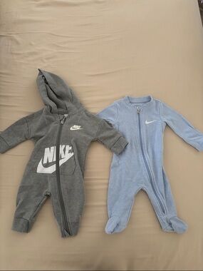 Nike Baby Bundle: Newborn Blue Footie Sleeper & Grey Hooded Romper